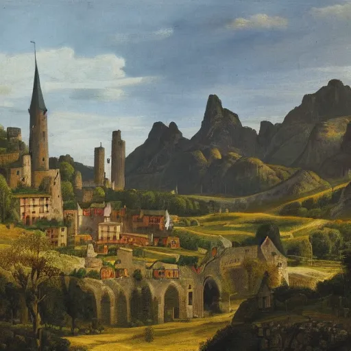 Prompt: landscape with a medieval gothic castle and a medieval village in a valley