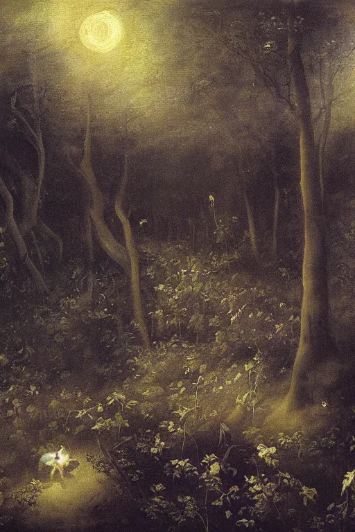 Image similar to moody painting of purple morning glory flowers vining and growing in a forest dimly lit at night. foggy volumetric darkness, muted colour palette oil painting on canvas henry fuseli