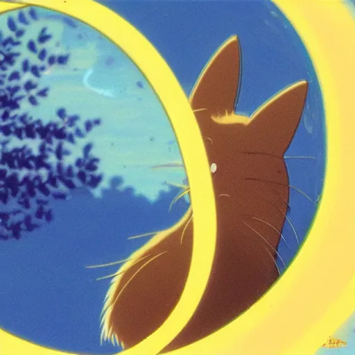 Image similar to a cat peeks out of a circular bubble window, 1 9 9 0 s anime, animation cel, kawaii, soft glow, studio ghibli, grainy