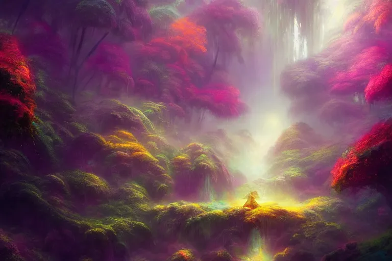 Image similar to a psychedelic realm hidden away in a pocket of ethereal understanding | astral beings sharing love | in the style of greg rutkowski | and wlop | and lisa frank | and bob ross | and ruan jia | illustration | epic | fantasy | hyper detailed | smooth | unreal engine | sharp focus | ray tracing