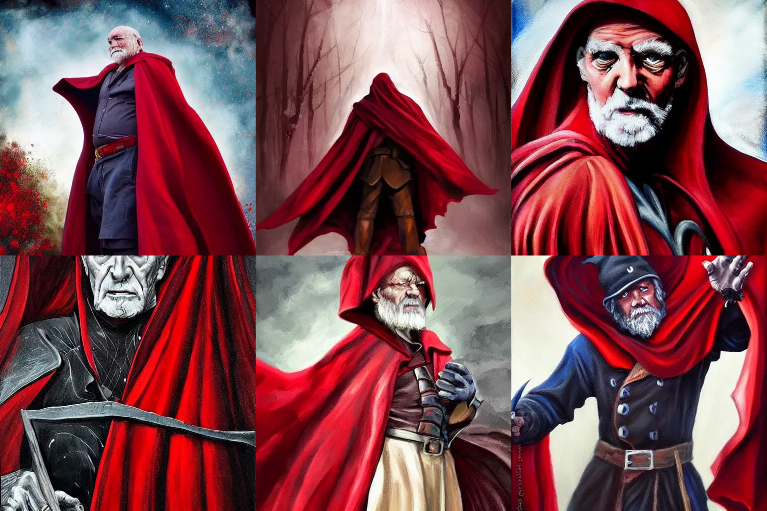 Prompt: old man+dark red cape+fantasy+painting+stylized+highly detailed+rich color+medium shot