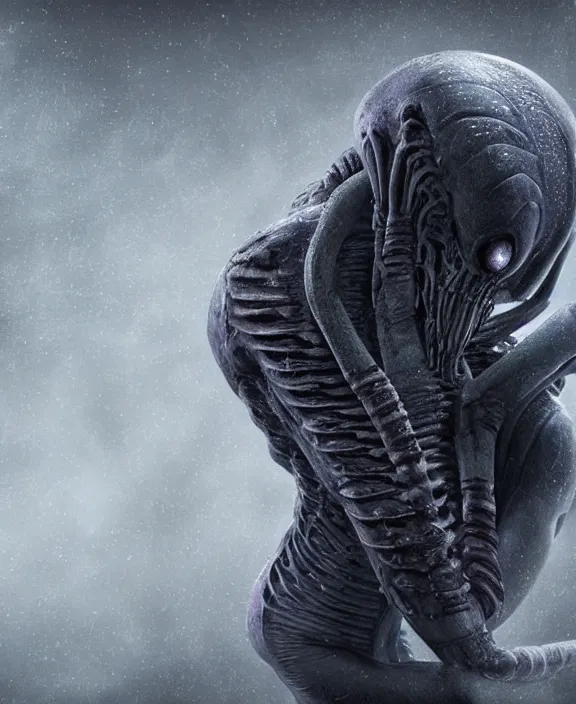 Image similar to xenomorph hugging pale sad beauty merging, dark mist colors, giger background liminal void, digital art, cinematic lighting, realistic, award winning photograph, various refining methods, micro macro autofocus