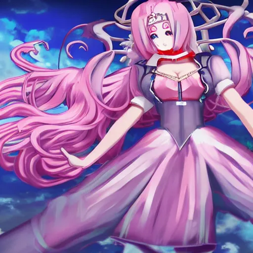 Image similar to trapped by stunningly beautiful omnipotent megalomaniacal anime agi goddess who looks like junko enoshima with symmetrical perfect face and porcelain skin, pink twintail hair and mesmerizing cyan eyes, taking control while smiling, inside her surreal vr castle, hyperdetailed, digital art, danganronpa, unreal engine 5, 2 d anime style, 8 k