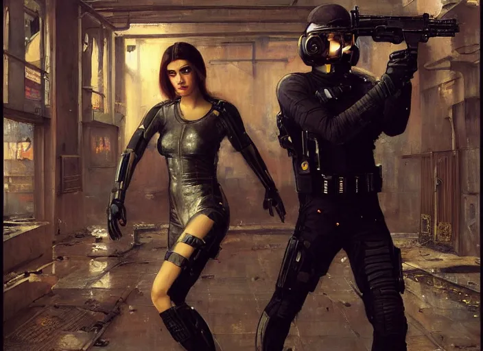 Image similar to sophia evades sgt Griggs. Cyberpunk hacker wearing jumpsuit escaping Cyberpunk police troopers (police state, Cyberpunk 2077, blade runner 2049). Iranian orientalist portrait by john william waterhouse and Edwin Longsden Long and Theodore Ralli and Nasreddine Dinet, oil on canvas. Cinematic, hyper realistic, Dramatic lighting.