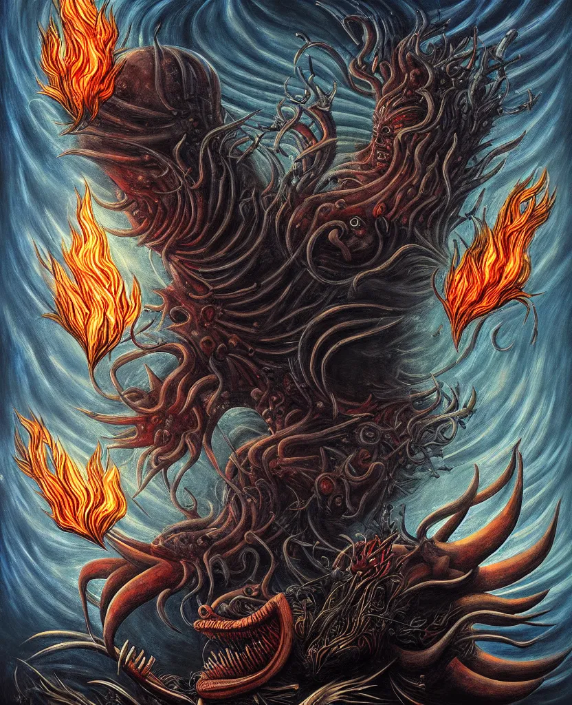 Image similar to mysterious bestiary of wild emotion monsters repressed in the deep sea of unconscious of the psyche lead by baba yaga, about to rip through and escape in a extraordinary revolution, dramatic fire glow lighting, surreal painting by ronny khalil