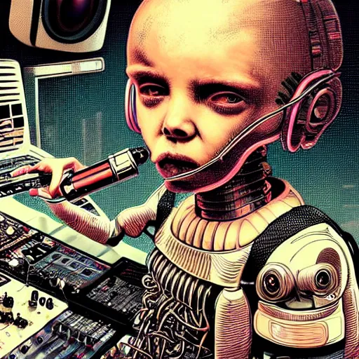 Prompt: hyper-detailed, intricate, illustration of a cyborg child with an exposed robotic brain, smoking a cigarette operating a music studio mixing console, cyberpunk, in the style of Transmetropolitan