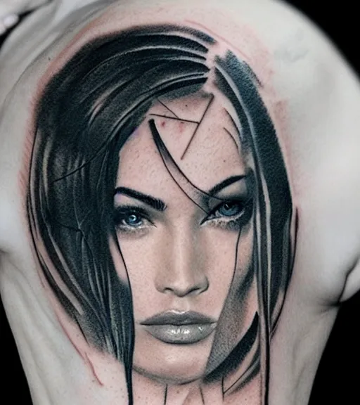 Image similar to realism tattoo sketch of a megan fox face double exposure mountain scenery, in the style of matteo pasqualin, amazing detail, sharp, faded