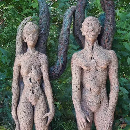 Image similar to dmt bodies. Mesh of human figures intertwined. earthen colors. The medium of this sculpture is human hair. A mess of human hair. Sculpted by August Rodine.