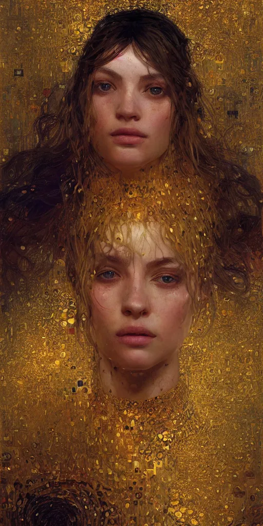 Image similar to an intricate portrait painting of an artistic pose young beautiful lady covered in klimt golden motives and textures, hyper - detailed, octane render, vivid colors, artstation, by jeremy mann, by gustav klimt