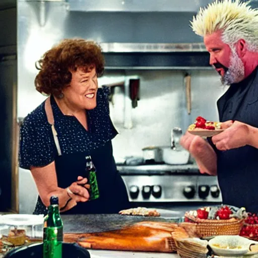 Image similar to movie still of julia child and guy fieri cooking show