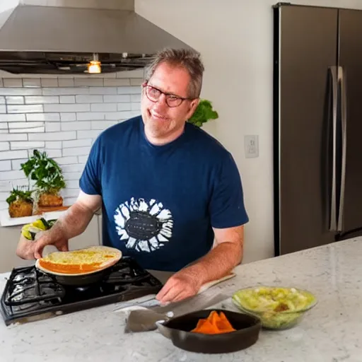 Prompt: middle aged white man making tacos in a big kitchen