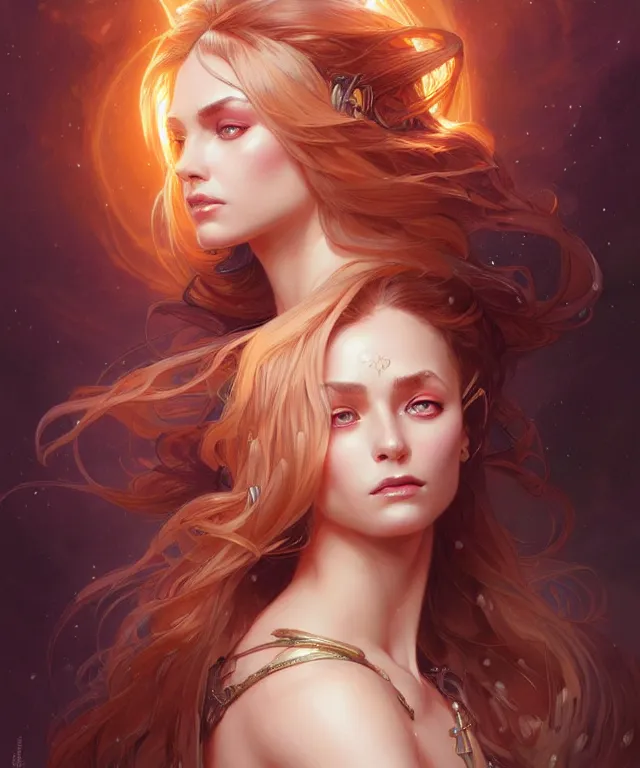 Image similar to fantasy magic woman portrait, sci-fi, amber eyes, face, long hair, fantasy, intricate, elegant, highly detailed, digital painting, artstation, concept art, smooth, sharp focus, illustration, art by artgerm and greg rutkowski and alphonse mucha