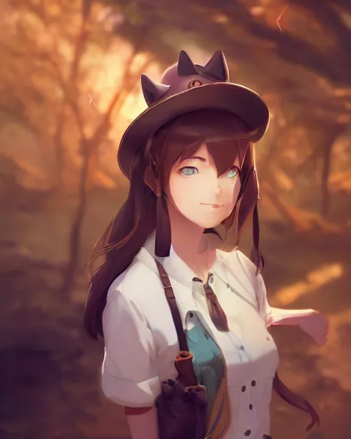 Image similar to a very cute cowgirl wearing a hat with cat ears, medium shot, ambient lighting, visible and detailed face, by makoto shinkai, stanley artgerm lau, wlop, rossdraws