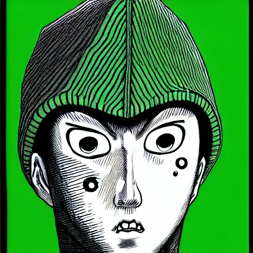 Image similar to portrait of programmer with green hood by junji ito