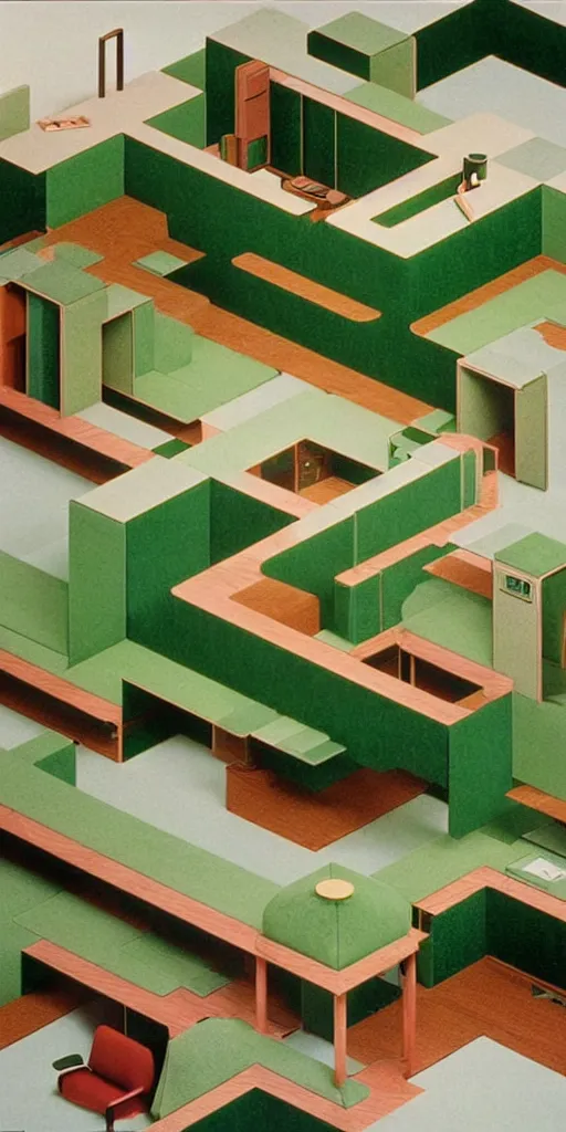 Image similar to huge sprawling gargantuan angular dimension of infinite indoor landscape 7 0 s green velvet and wood with metal office furniture. surrealism, mallsoft, vaporwave. muted colours, 7 0 s office furniture catalogue, shot from above, endless, neverending epic scale by escher and ricardo bofill