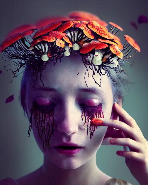 Image similar to a disturbing digital horror arthouse photograph of a beautiful crying woman with flowers and fungus growing out of her head and petals dripping from her eyes, intricate, sharp focus, cinematography, highly detailed, octane render, digital horror artwork, matte, photography by professional photographer