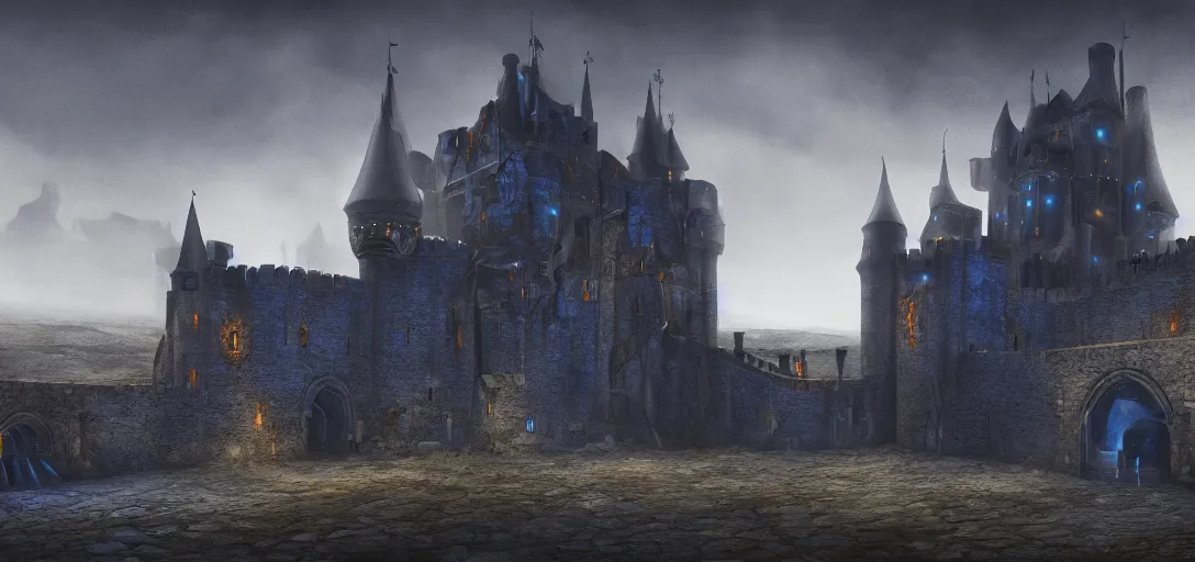 Image similar to A digital concept art painting of a dark blue medieval european ghotic castle with black brick in desert, 4K UHD image, unreal engine