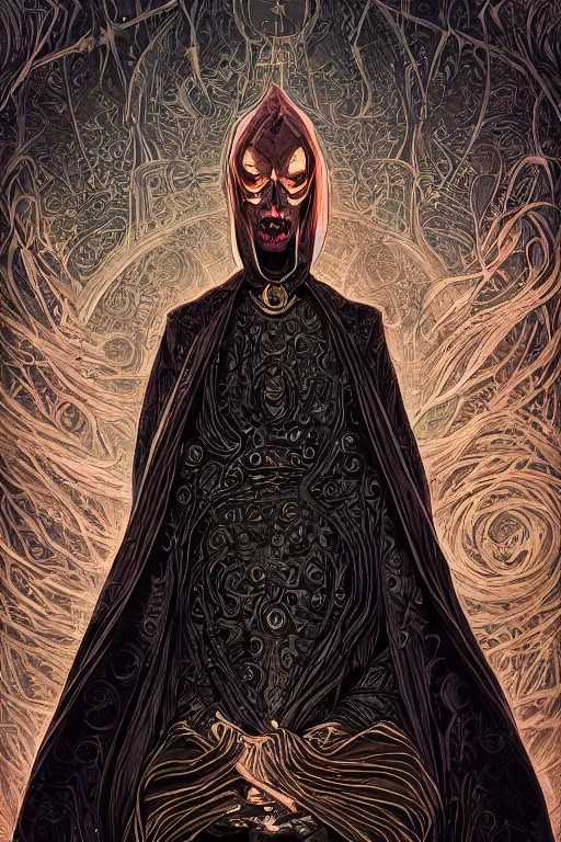 Prompt: worshipper of the dark arts here for the madness, donned in an ebony cloak, fantasy, intricate, elegant, highly detailed, digital painting, artstation, ristan Eaton, victo ngai, artgerm, RHADS, ross draws, anime styled