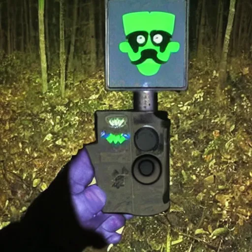Prompt: photo of Waluigi night vision trail camera paranormal investigation