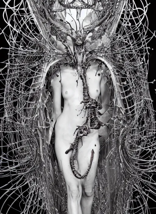 Image similar to walking down the catwalk, ben watts, show, stage, vogue photo, podium, fashion show photo, historical baroque dress dark, iris van herpen, beautiful woman, masterpiece, intricate, biopunk, vogue, full body shot, alien, plant predator, guyver, jellyfish, white biomechanical details, highly detailed