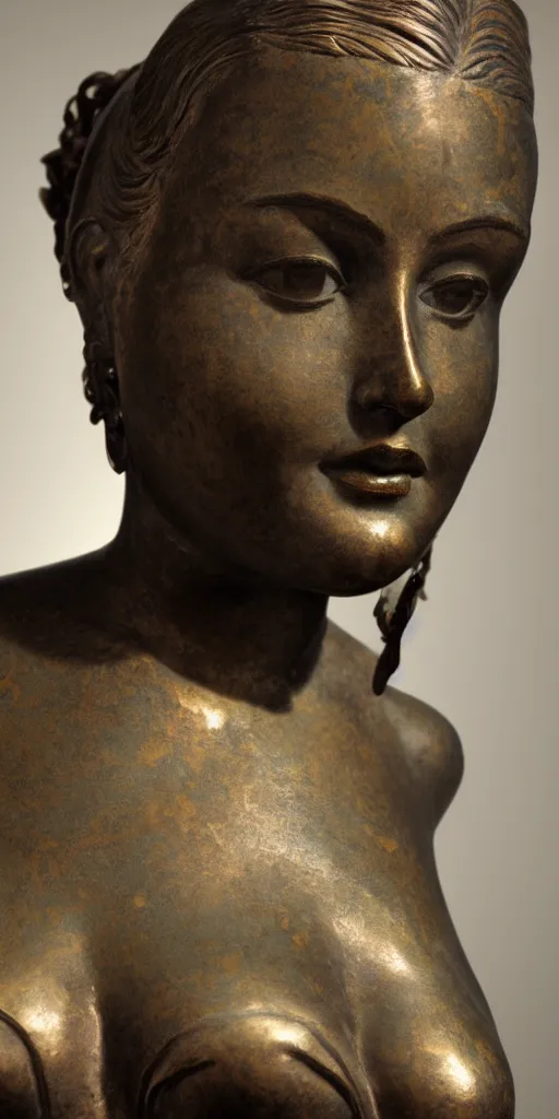 Image similar to detailed photo of an old bronze patina statue of a beautiful curvy woman portrait, intricate detail, museum diffuse lighting