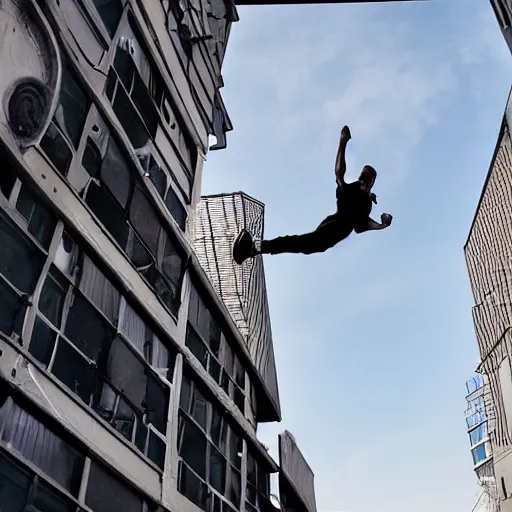 Prompt: parkour, freerunners, streetwear, futuristic city, trusses, steel and glass