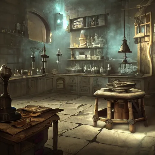 Prompt: inside a mysterious alchemist\'s laboratory, physically based octane render, trending on artstation