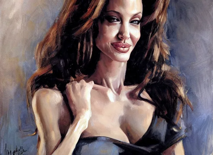 Prompt: a highly detailed beautiful portrait of angeline jolie, with abs, smiling, by gregory manchess, james gurney, james jean