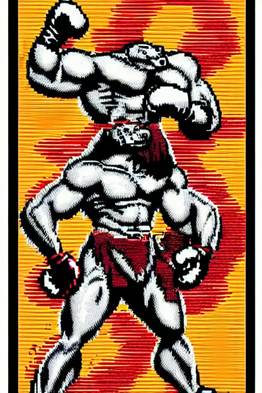 Image similar to extreme long shot. 8 bit nes graphics. antropomorphic muscular masculine wolf. kickboxer fighter, in shorts. wolf head. furr on body. art from nes game cartridge