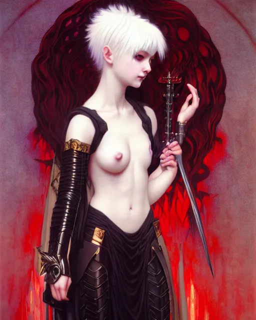 Prompt: portrait of beautiful cute young goth maiden girl with white hair in warhammer armor, red lighting, art by ( ( ( kuvshinov ilya ) ) ) and wayne barlowe and gustav klimt and artgerm and wlop and william - adolphe bouguereau