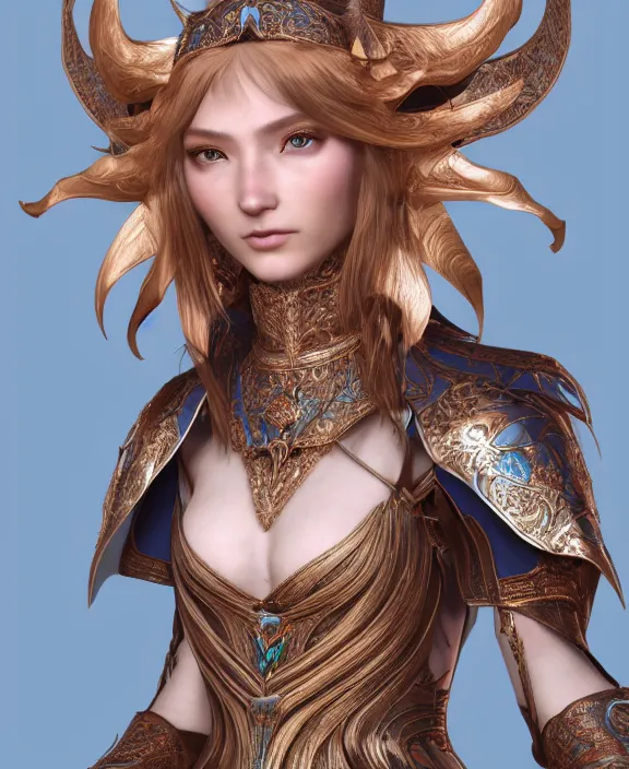 Image similar to a beautiful and highly detailed digital portrait of a regal elf with long blue windswept hair in a rose gold breastplate by artgerm, nina tryggvadottir, and lu ji, centered, artsation contest winner, cgsociety, fantasy art, cryengine, concept art, photorealism, daz 3 d, sketchfab, zbrush, vray