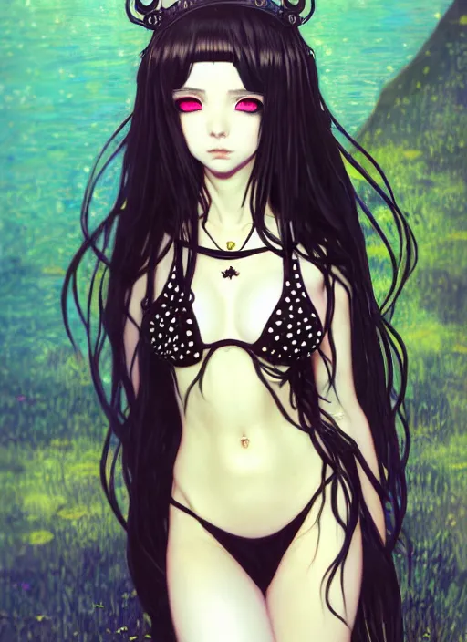 Image similar to portrait of beautiful young gothic anime maiden in bikini armor, cute-fine-face, pretty face, realistic shaded Perfect face, fine details. Anime, cyberpunk, highly detailed, artstation, illustration, art by Ilya Kuvshinov and Gustav Klimt and Gustav Klimt and Gustav Klimt and Gustav Klimt