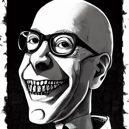 Image similar to grunge drawing of Klaus Schwab in the style of jack skellington and Jacob Shaw,creepy, surreal, trending on artstation, bold and vivid colour