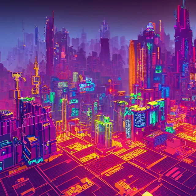 Prompt: voxel art of a cyberpunk blockchain city, blockchain, symmetry, painted, intricate, volumetric lighting, beautiful, rich deep colors masterpiece, sharp focus, ultra detailed, in the style of dan mumford and marc simonetti