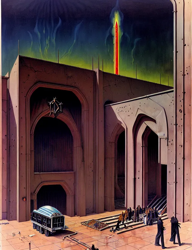 Image similar to huge gothic crematorium on desert planet, elevator, side ramp entrance ambulance smoke dead bodies, guards intricate, painting by lucian freud and mark brooks, bruce pennington, dark colors, neon, death, guards