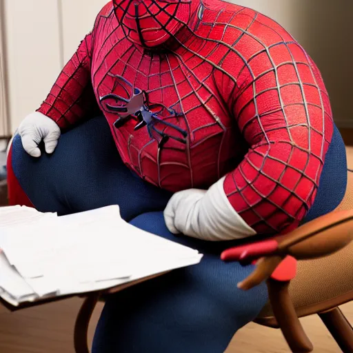 Image similar to portrait photo of old, fat spiderman doing taxes