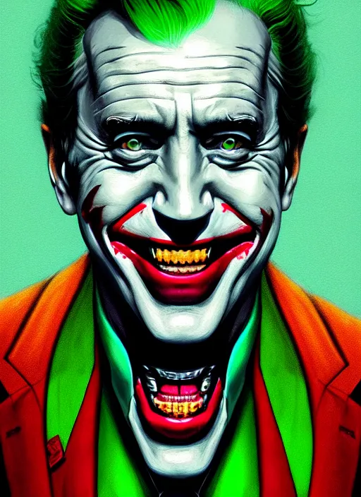 Image similar to portrait of joe biden as the joker, green hair, intricate, elegant, glowing lights, highly detailed, digital painting, artstation, concept art, sharp focus, illustration, art by wlop, mars ravelo and greg rutkowski