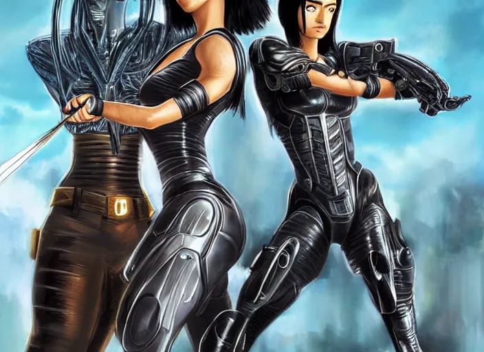 Image similar to Alita Battle Angel, art by Leticia Reinaldo and Phil Nguyen