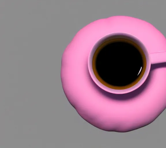Prompt: pink donut and coffee, blender render, blender donut