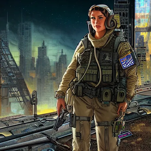 Prompt: Maria. USN special forces futuristic recon operator, cyberpunk headset, on patrol in the Australian neutral zone, deserted city landscape, skyline lit by flares. 2087. Concept art by James Gurney and Alphonso Mucha