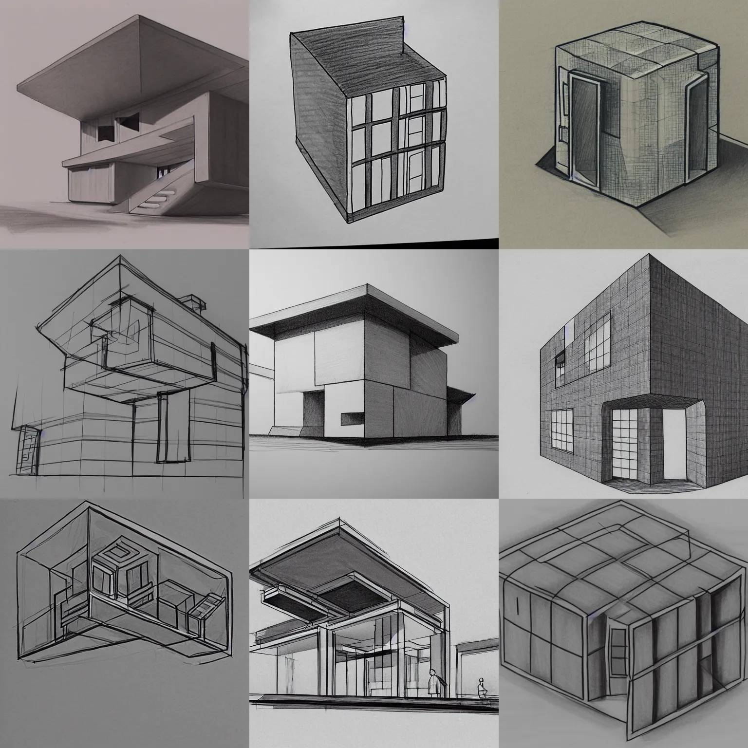 Prompt: architectural concept drawing of a house shaped like a cube by gabe kralik