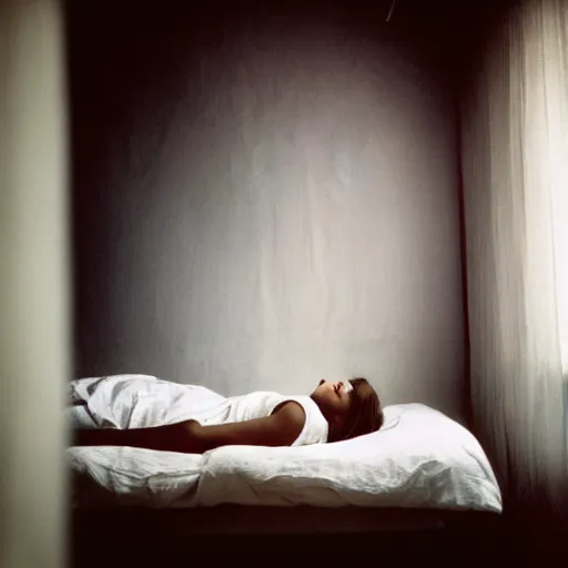 Image similar to closeup portrait of girl in linen clothing floating from the room ceiling into a bed, natural sun lighting, 8 5 mm lens by annie leibovitz