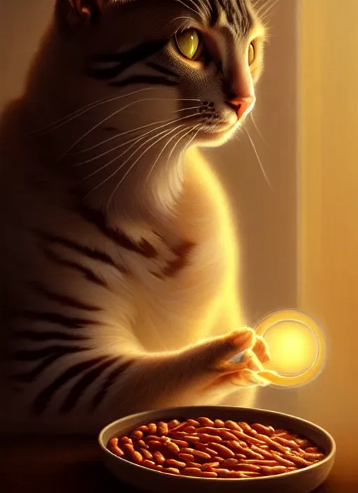 Prompt: portrait of a confused cat eating baked beans, intricate, elegant, glowing lights, highly detailed, digital painting, artstation, concept art, smooth, sharp focus, illustration, art by wlop, mars ravelo and greg rutkowski