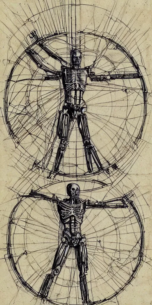 Image similar to full body of Westworld robot anatomy sketch by Leonardo da Vinci, the vitruvian man style, highly detailed, old sketch,