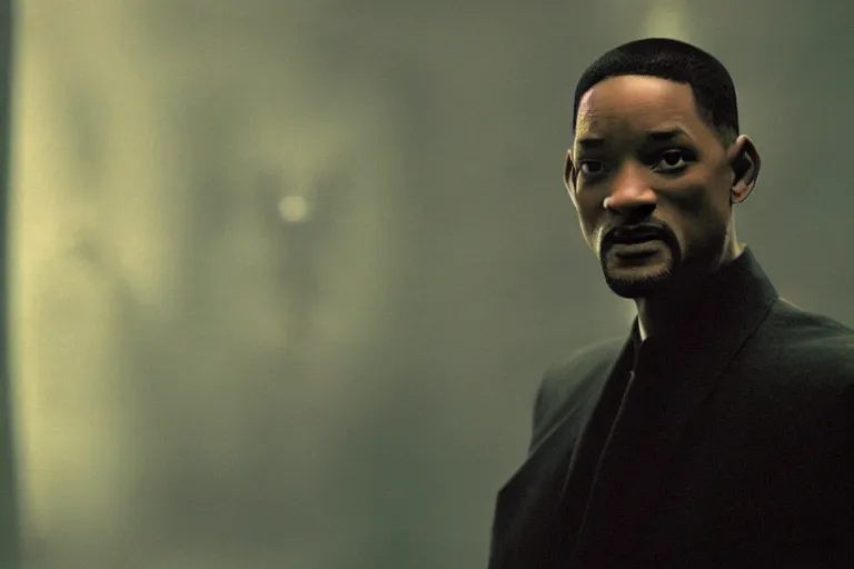 Image similar to will smith as a character from the matrix, cinematic, movie still, dramatic lighting, matrix code,!! by bill henson!!