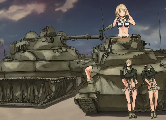 Prompt: female tank crew posing triumphantly next to their tank, anime, trending on pixiv, highly detailed