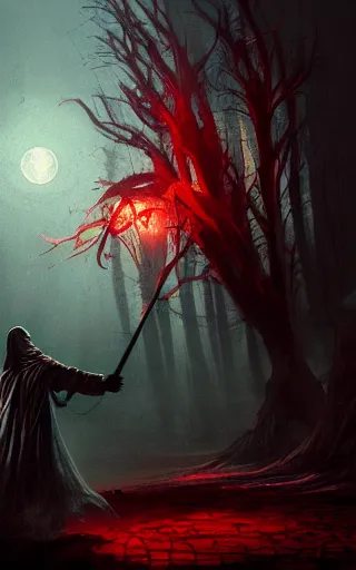 Image similar to beautiful concept of deranged wizard in a dark ritual, horror art, nightmare, insane details, intricate background, cinematic shot, dramatic light, night time, red moon, artstation, neo gothic, eerie