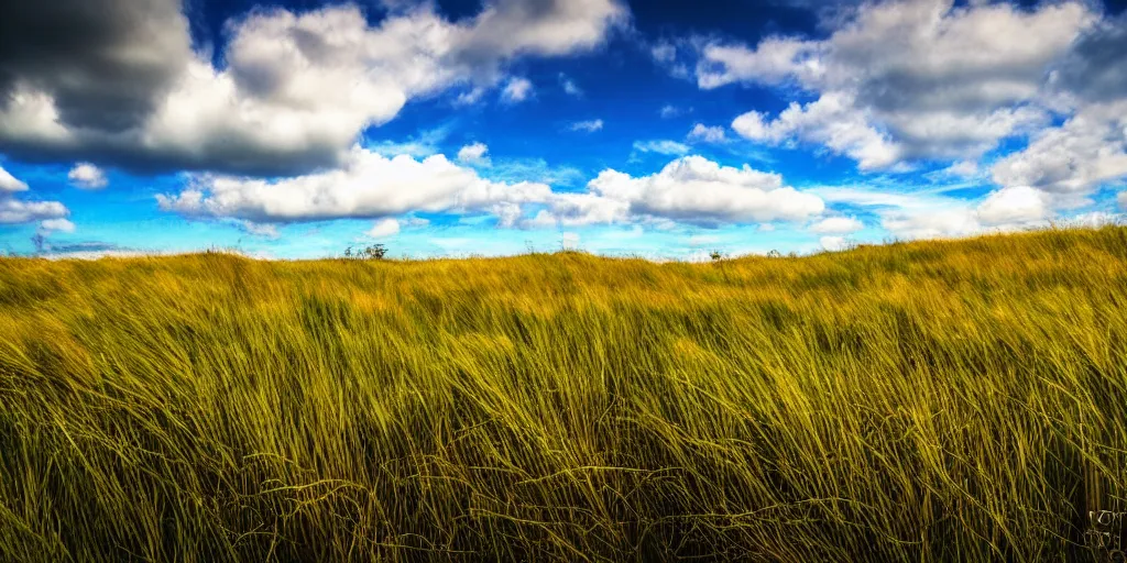 Prompt: a view of a surreal grassy landscape, puffy clouds, photograph, 4 k, detailed, beautiful view, perfect lighting, perfect composition