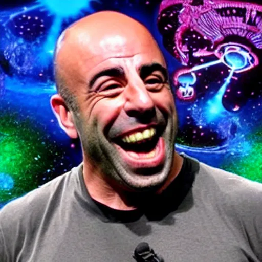 Prompt: Joe Rogan on a UFO with Aliens eating mushrooms and laughing, realistic
