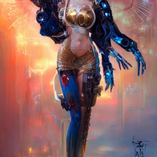 Image similar to a full body beautiful woman wearing a cyberpunk outfit by karol bak, ayami kojima, artgerm, sakimichan, arabian beauty, blue eyes, smile, concept art, fantasy